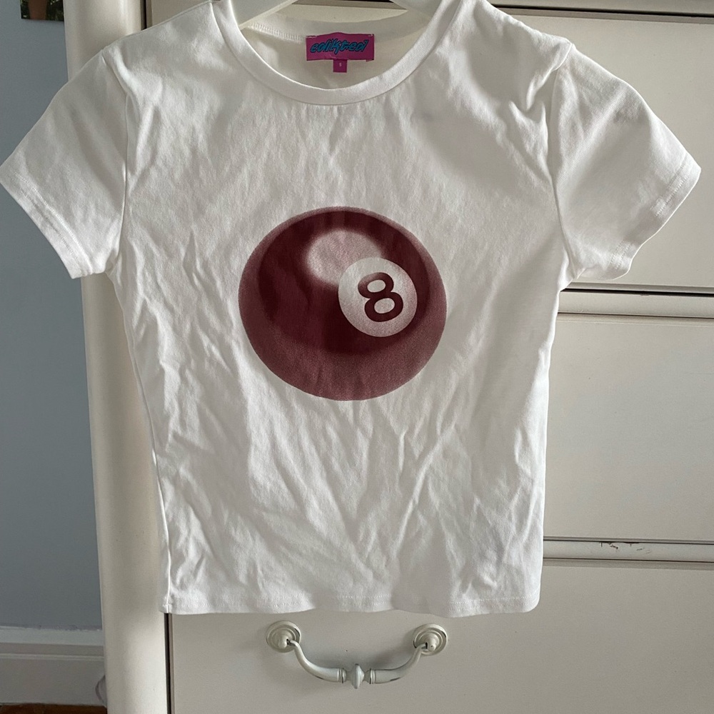 Edikted White Tee with Maroon 8 Ball Design